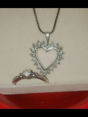 Sterling Silver Heart Pendant Necklace with Diamond Accent & Matching Ring